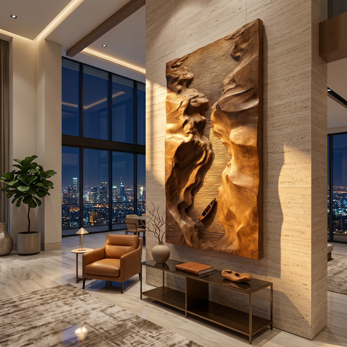 Abstract Canyon Wood Wall Sculpture, Handcrafted Geometric Wooden Wall Art Panel Decor for Modern Office & Living Room Entryway