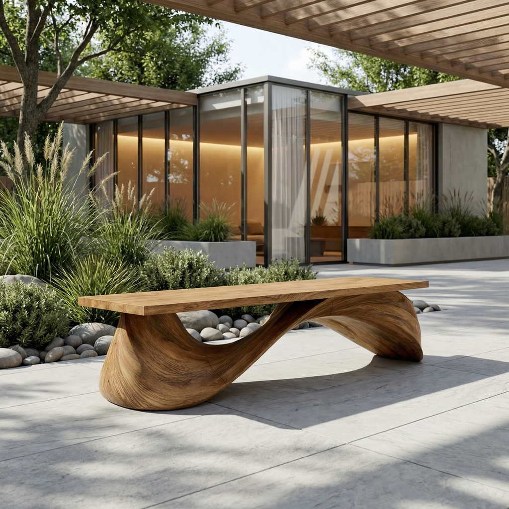 Contemporary Wave Bench Solid Wood Elegant Loop Design Hallway And Entryway