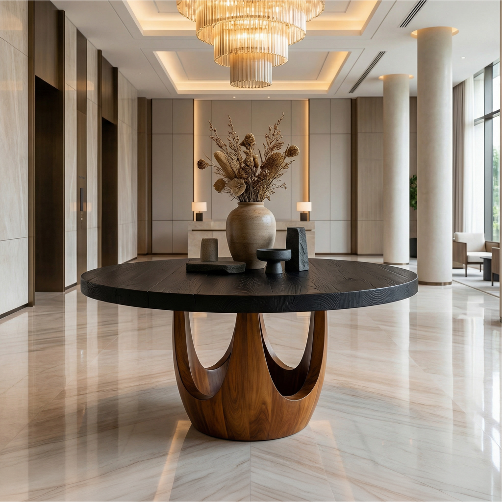Round Foyer Table, Modern Wood Pedestal Entry Table for Hall