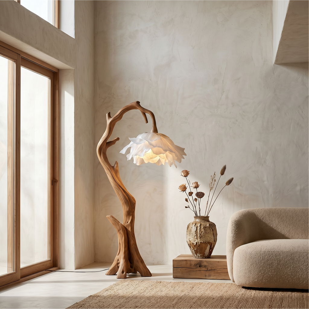 Flower Floor Lamp, Floral Shade Standing Light with Solid Wood Base