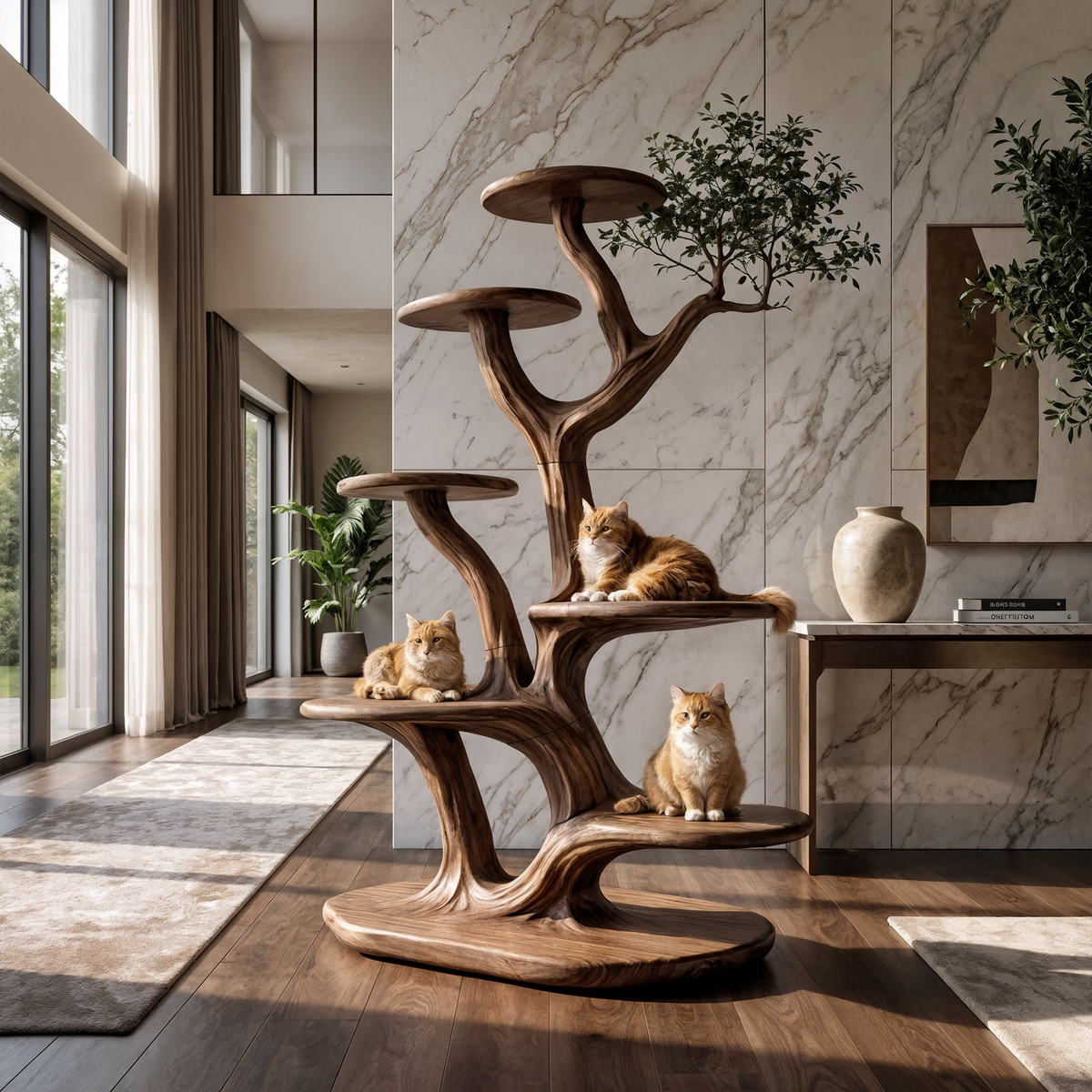 Cat Tree Tower, Rustic Solid Wood Climbing Furniture for Living Room