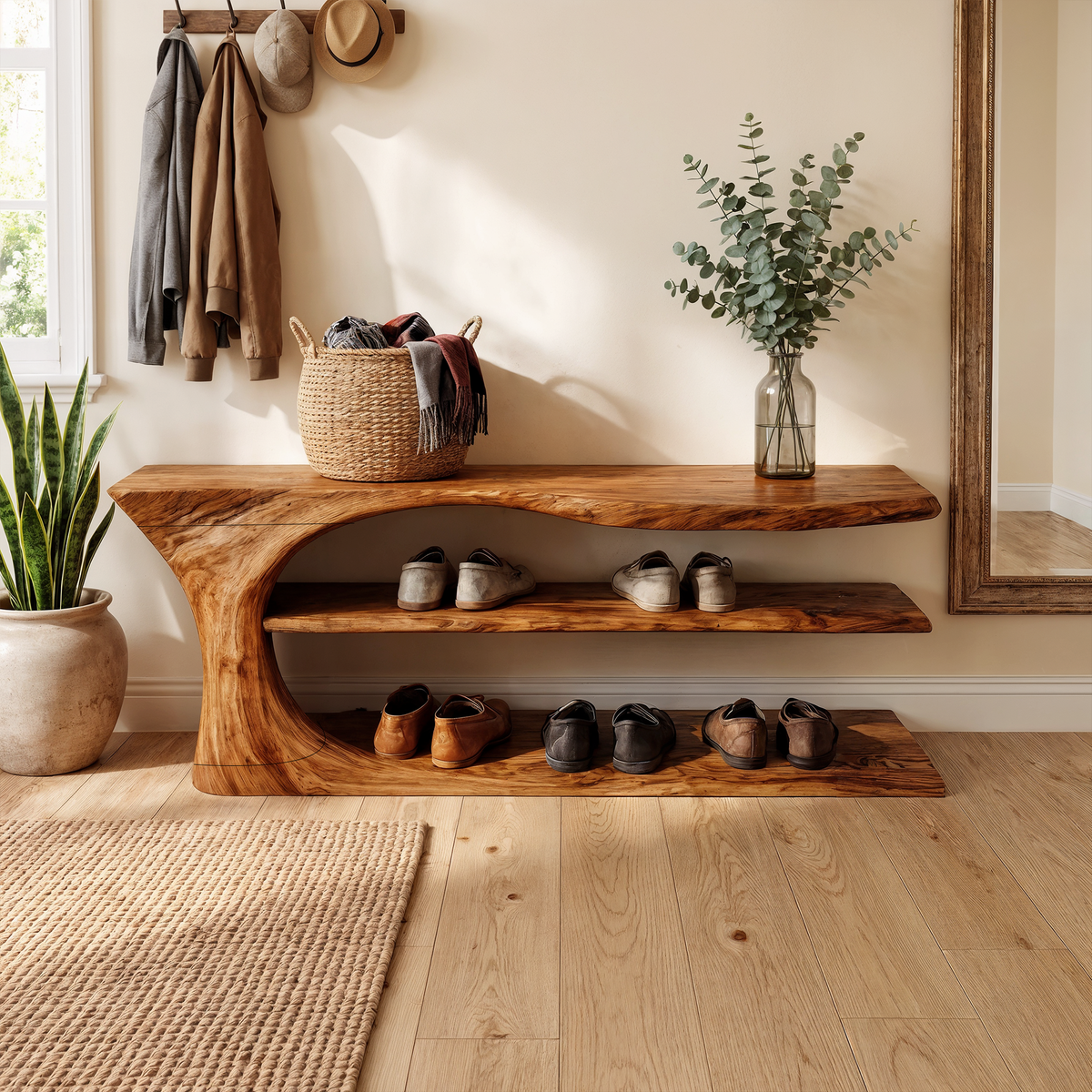 Shoe Storage Bench, Mid Century Handcrafted Solid Wood Entryway Seat