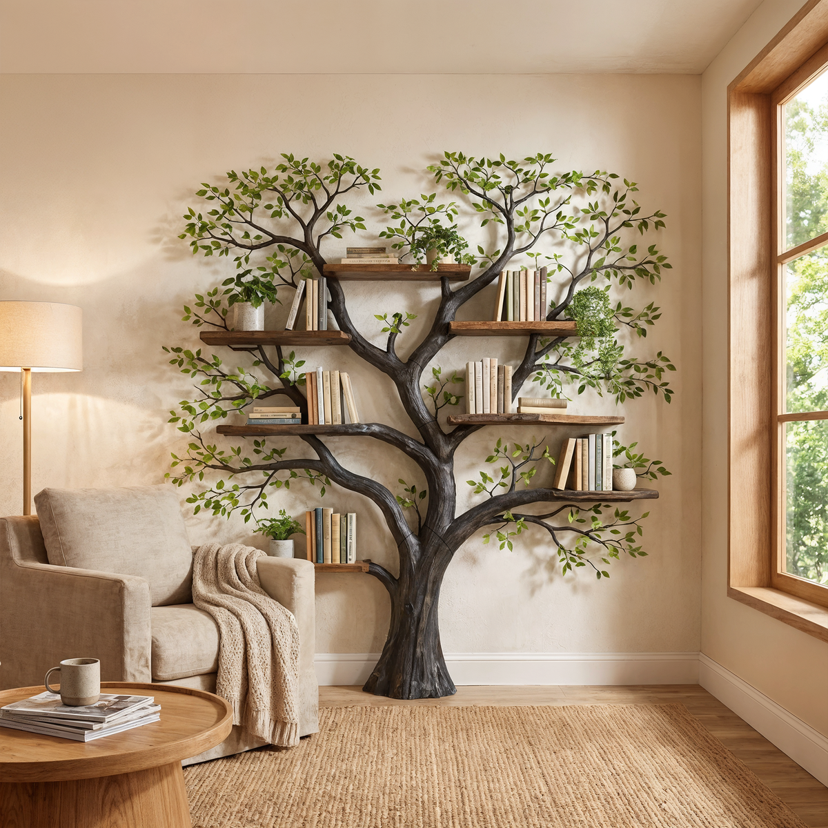 Wall Mounted Tree Bookcase, Floating Branch Display Shelf in Wood