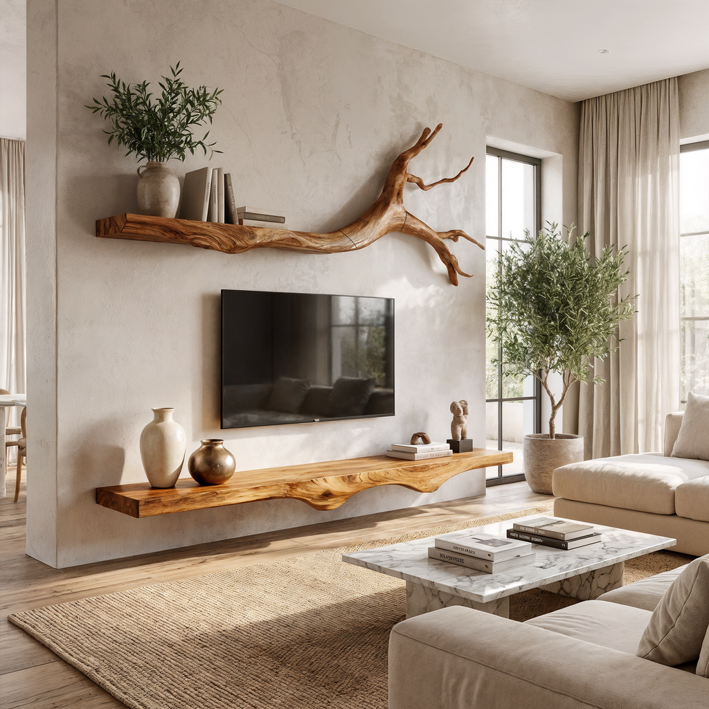 Floating TV Console Set of 2, Rustic Solid Wood Wall Media Shelves