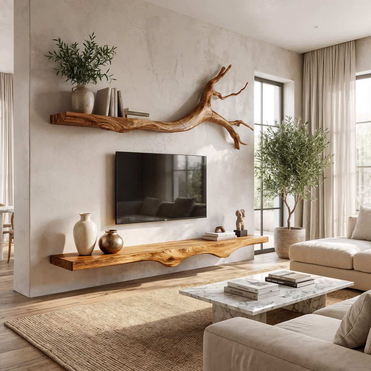 Floating TV Console Set of 2, Rustic Solid Wood Wall Media Shelves