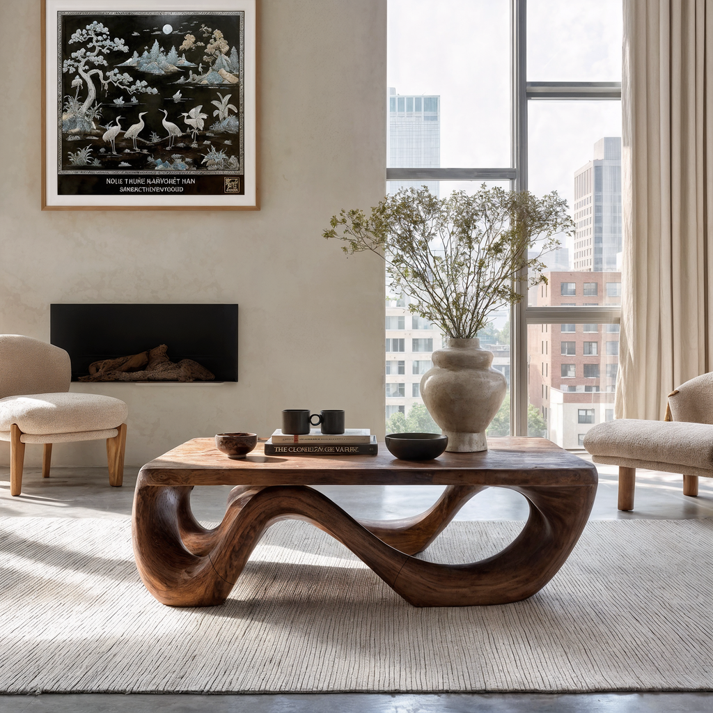 Farmhouse Coffee Table With Sculptural Open Wood Base For Living Room