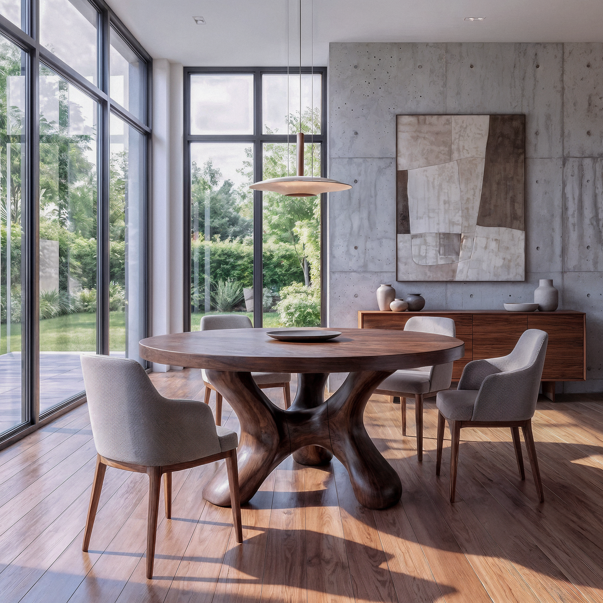 Contemporary Round Dining Table With Flowing Crossed Design For Dining Room And Living