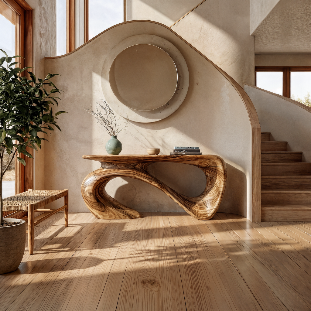 Minimalist Console Table, Sculptural Base Solid Wood Sofa Table