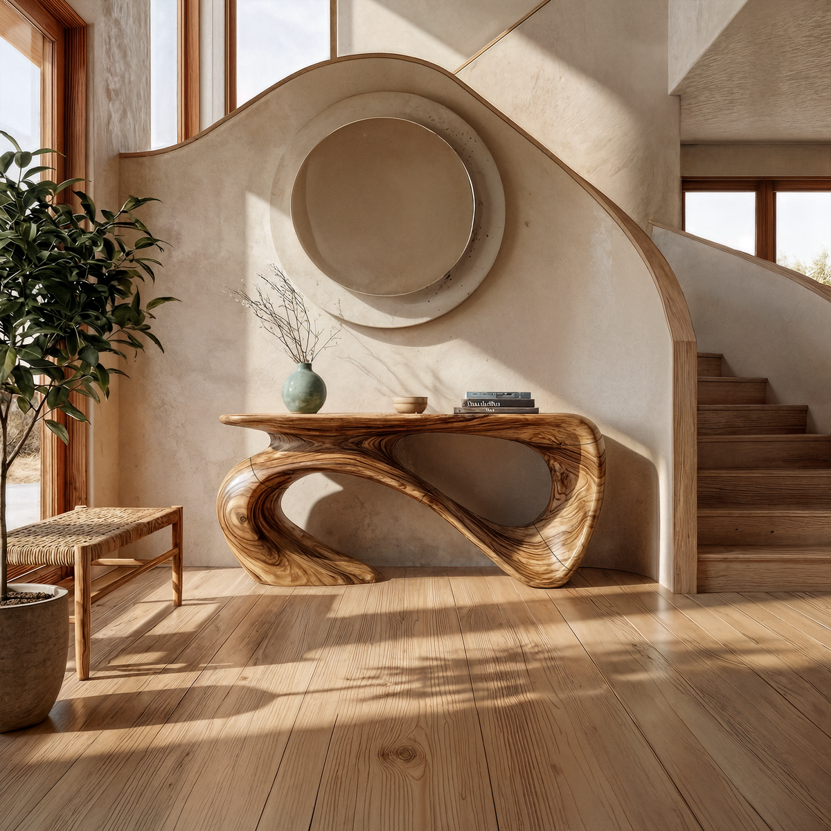 Minimalist Console Table, Sculptural Base Solid Wood Sofa Table