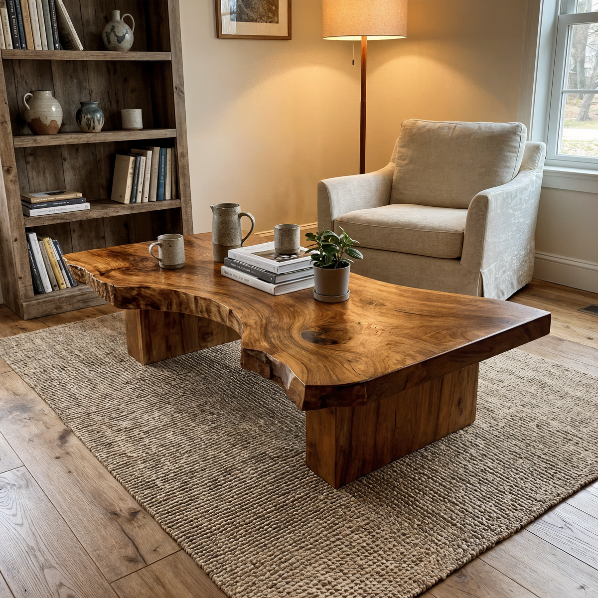 Live Edge Coffee Table, Rustic Sculptural Solid Wood Slab Centerpiece