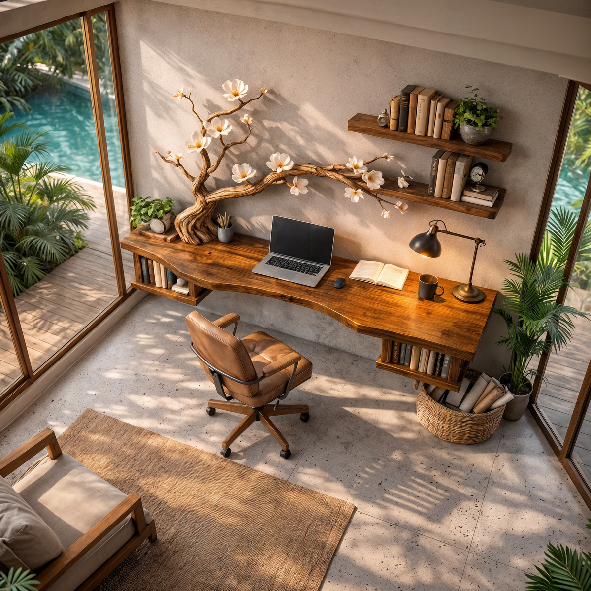 Floating Wall Desk, Live Edge Solid Wood Slab Home Office Workstation