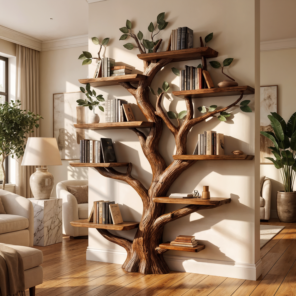 Tree Bookshelf, Large Rustic Solid Hardwood for Living or Study Room
