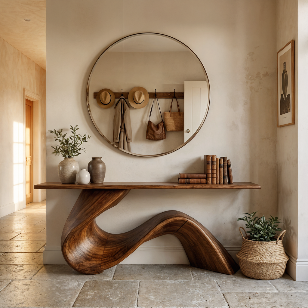 Console Table, Flowing Sculpted Solid Wood Entryway and Hallway Table