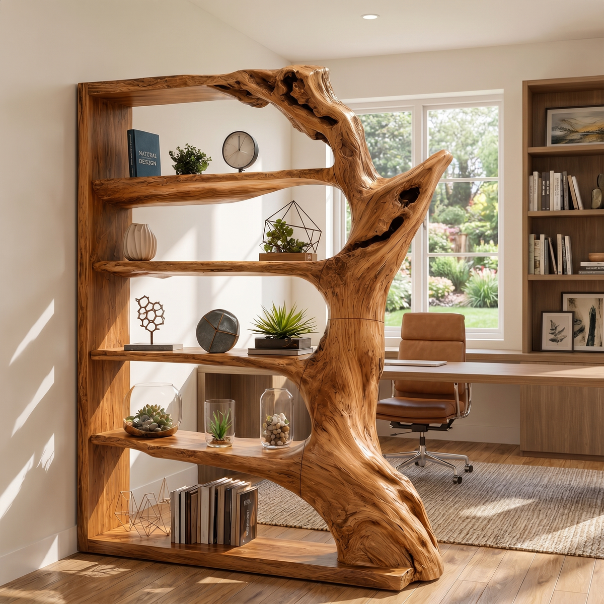 Contemporary Tree Bookshelf, Artistic Solid Wood Branch Book Display Rack Organizer