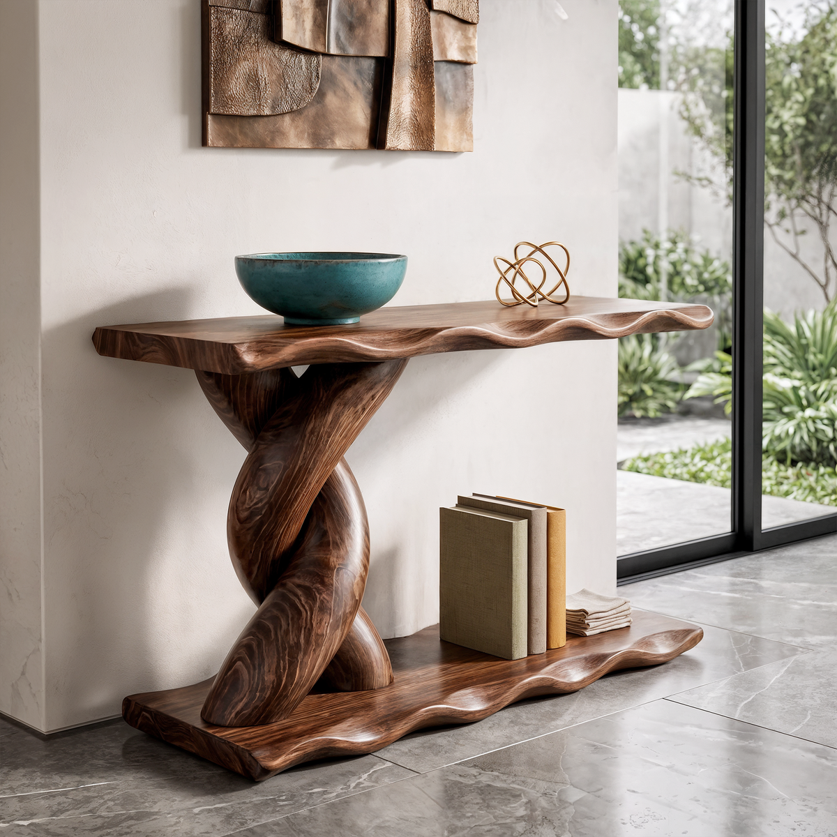 Contemporary Console Table With Spiral Base And Lower Display Shelf For Living Room