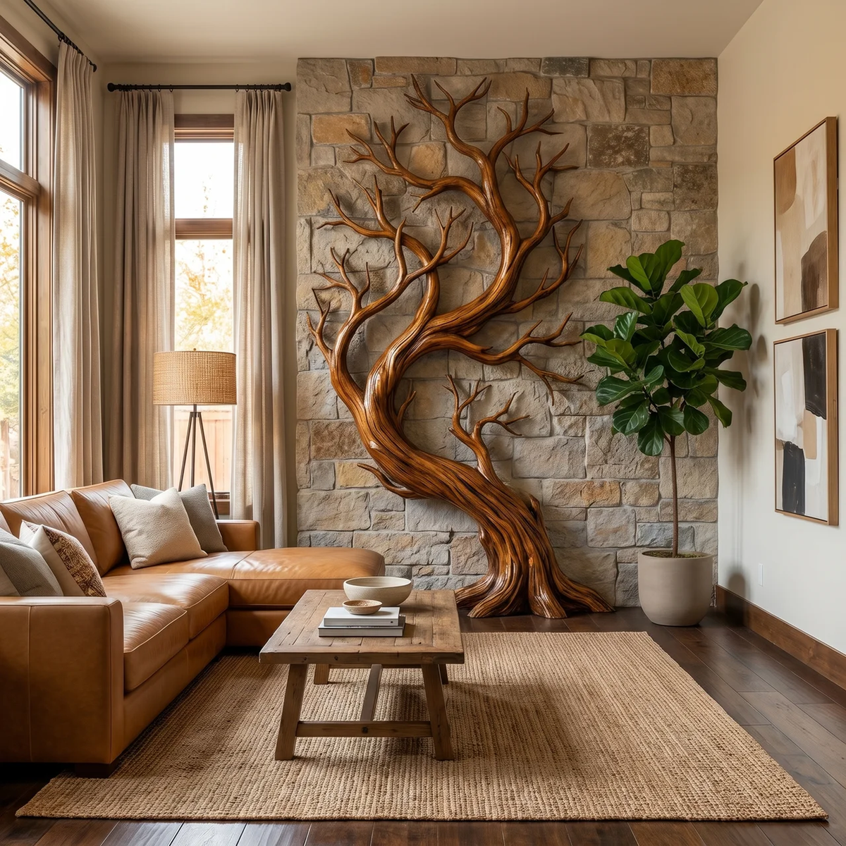Tree Wall Art Sculpture, Large Rustic Carved Wood Decor for Hallway