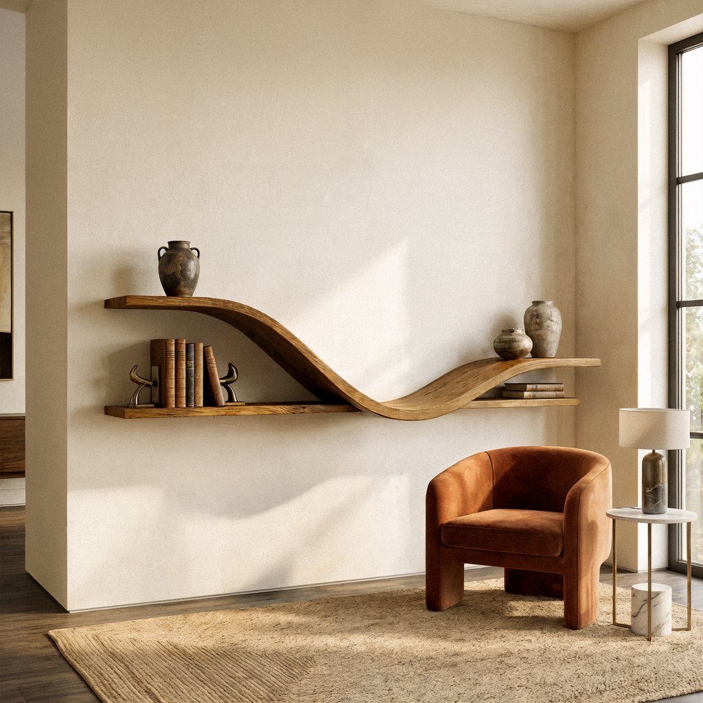 Curved Floating Shelf, Organic Modern Wood Wall Display for Hallway
