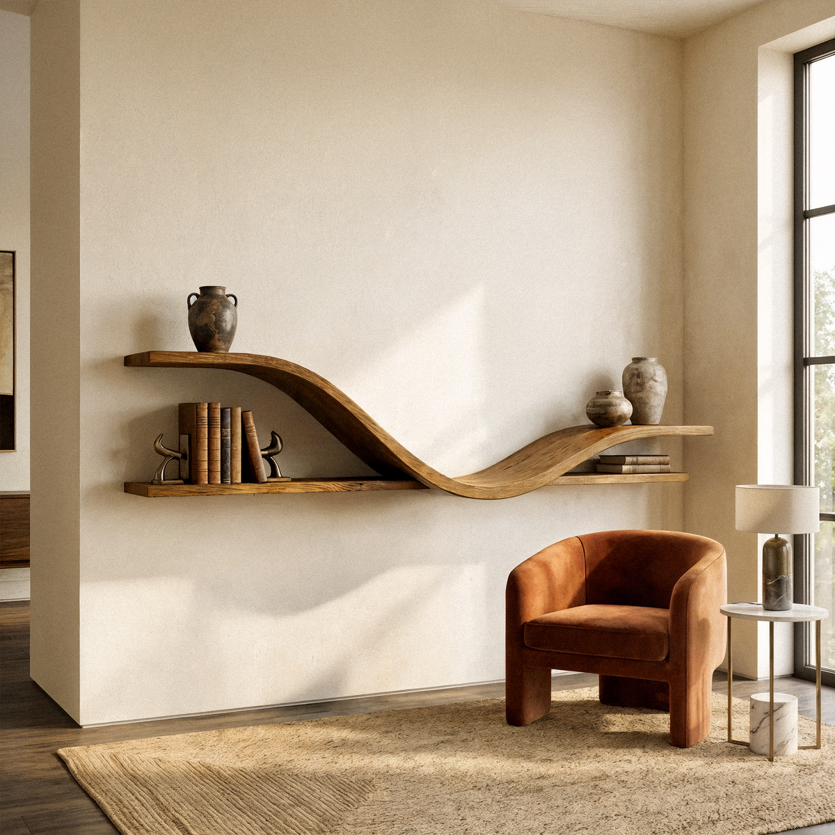 Curved Floating Shelf, Organic Modern Wood Wall Display for Hallway