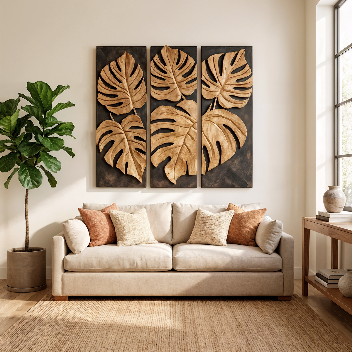 Carved Monstera Leaf Wall Art, Tropical Solid Wood Botanical Panel