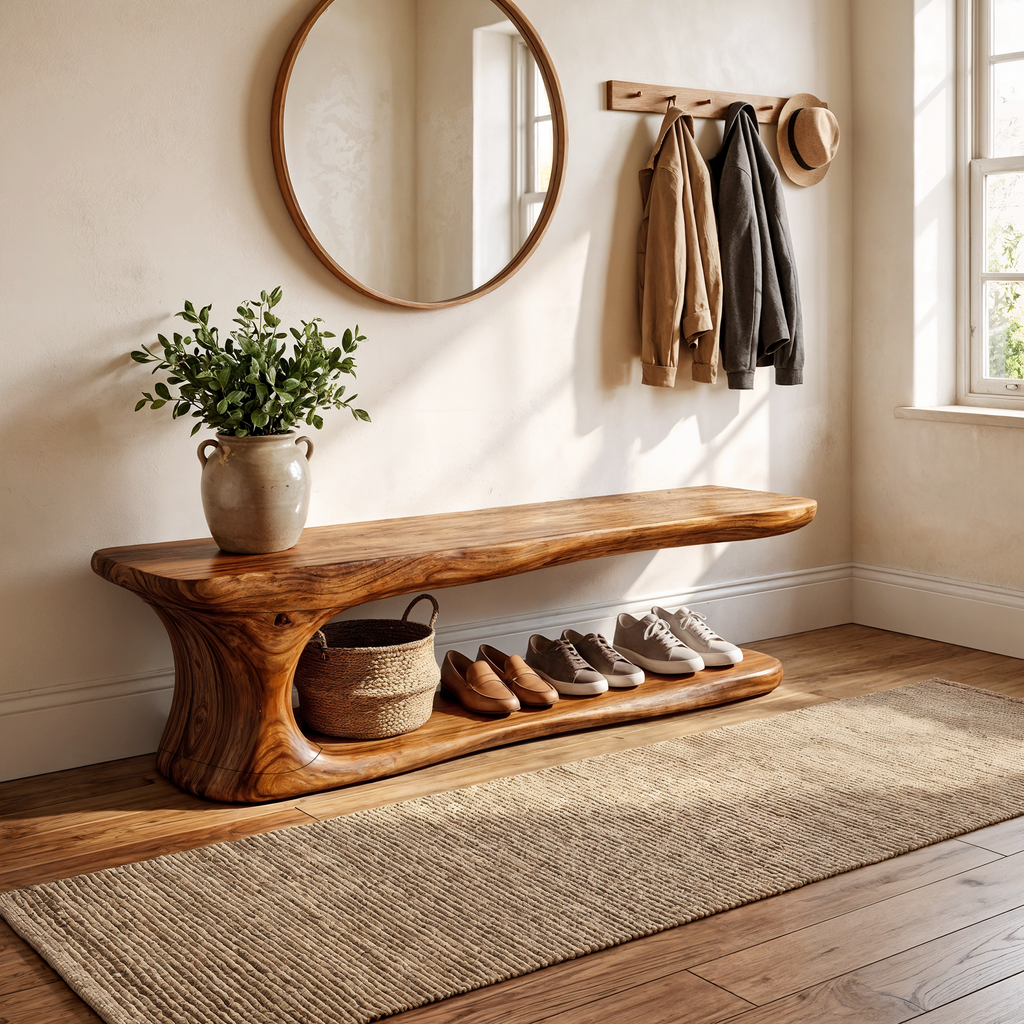 Entryway Shoe Bench, Rustic Live Edge Solid Wood Storage Seat