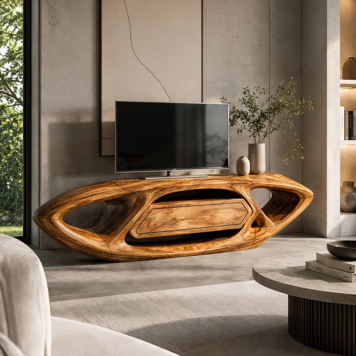 Contemporary TV Cabinet With Sculptural Oval Frame And Open Storage For Living Room