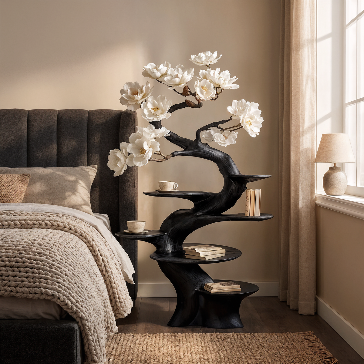 Sculptural Wood Nightstand, Organic Modern Floor Display Shelf