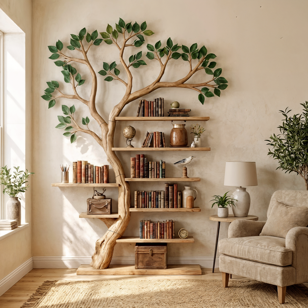 Tree Branch Bookshelf, Wall-Mounted Rustic Display for Living Room