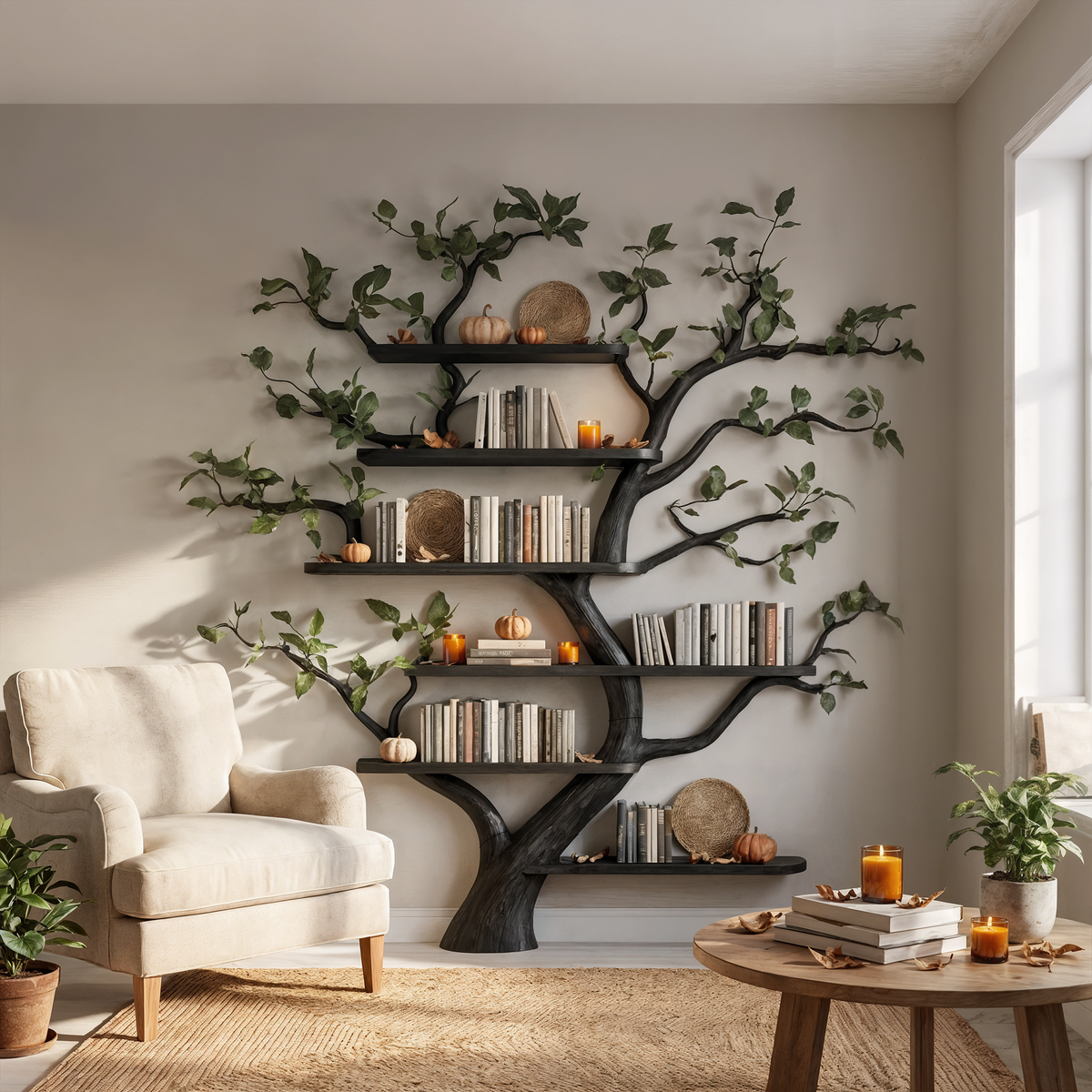Tree Bookshelf, Mid Century Wall Mounted Solid Wood with Faux Leaves