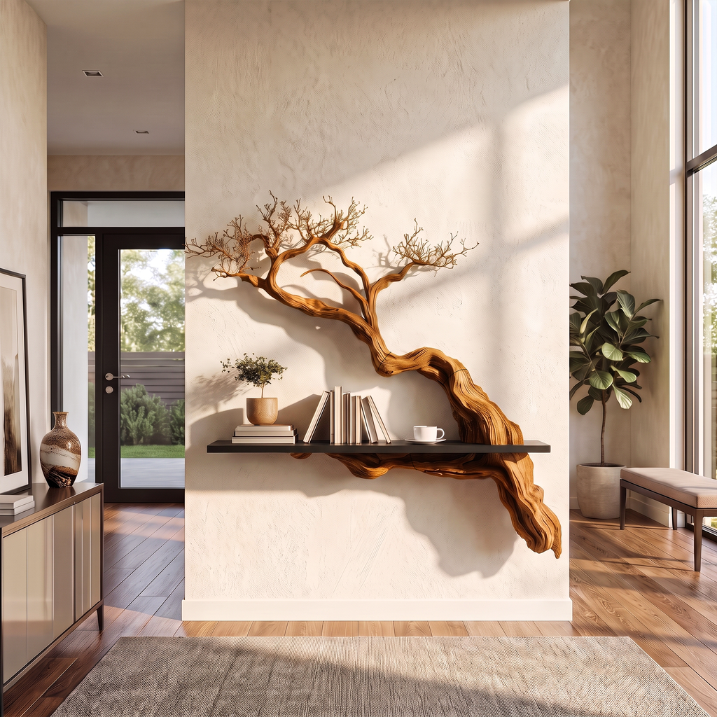 Tree Branch Wall Shelf, Rustic Live Edge Slab with Natural Branch