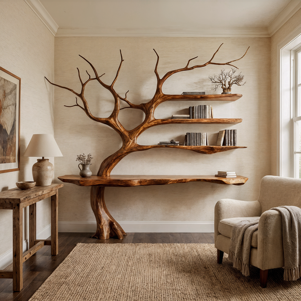 Tree Branch Console Table, Sculptural Solid Wood with Display Shelves
