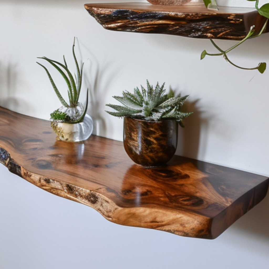 Live Edge Floating Shelf Wall Mounted Dark Brown Wood Shelf