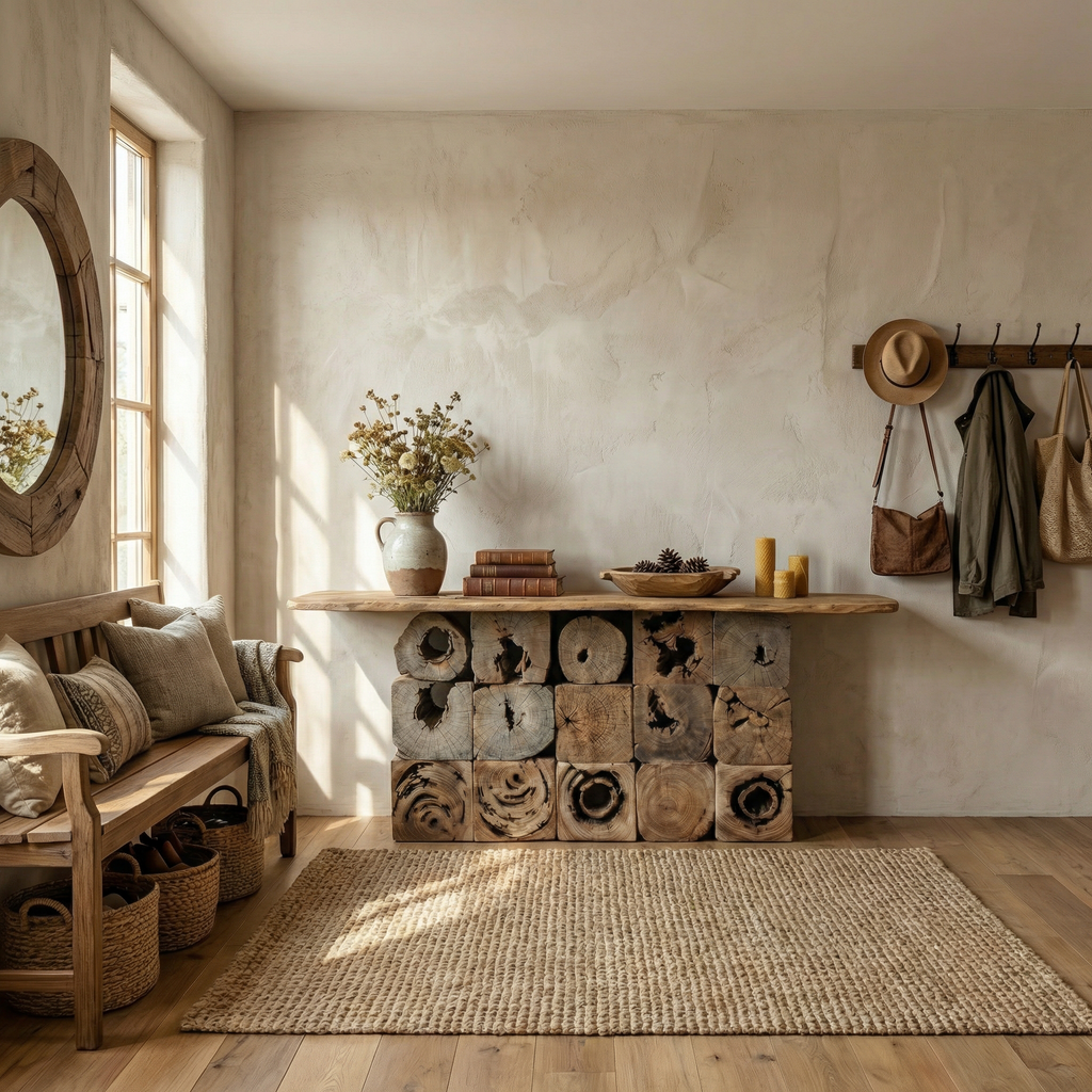 Log Console Table, Rustic Natural Wood Round Mosaic Entryway Table
