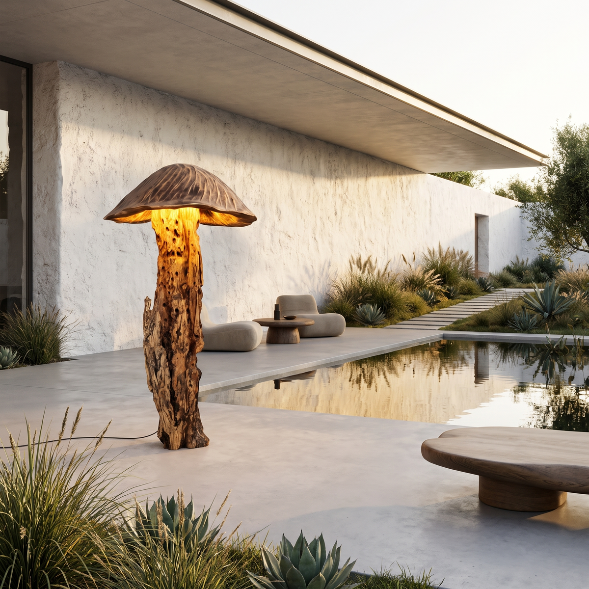 Mushroom Floor Lamp, Carved Tree Trunk Base with Wood Dome Shade