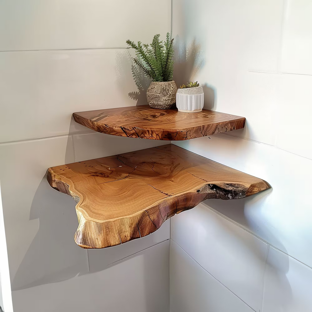 Floating Corner Shelves, Solid Wood Wall Display Shelf for Decor