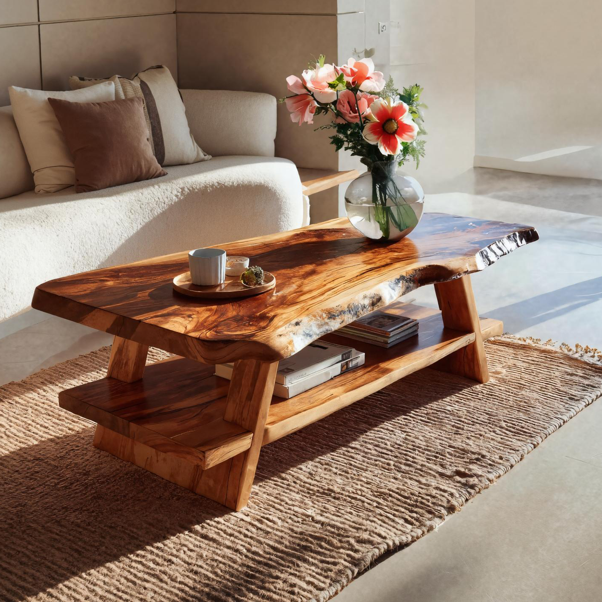 Handcrafted Coffee Table Live Edge And Lower Shelf For Living