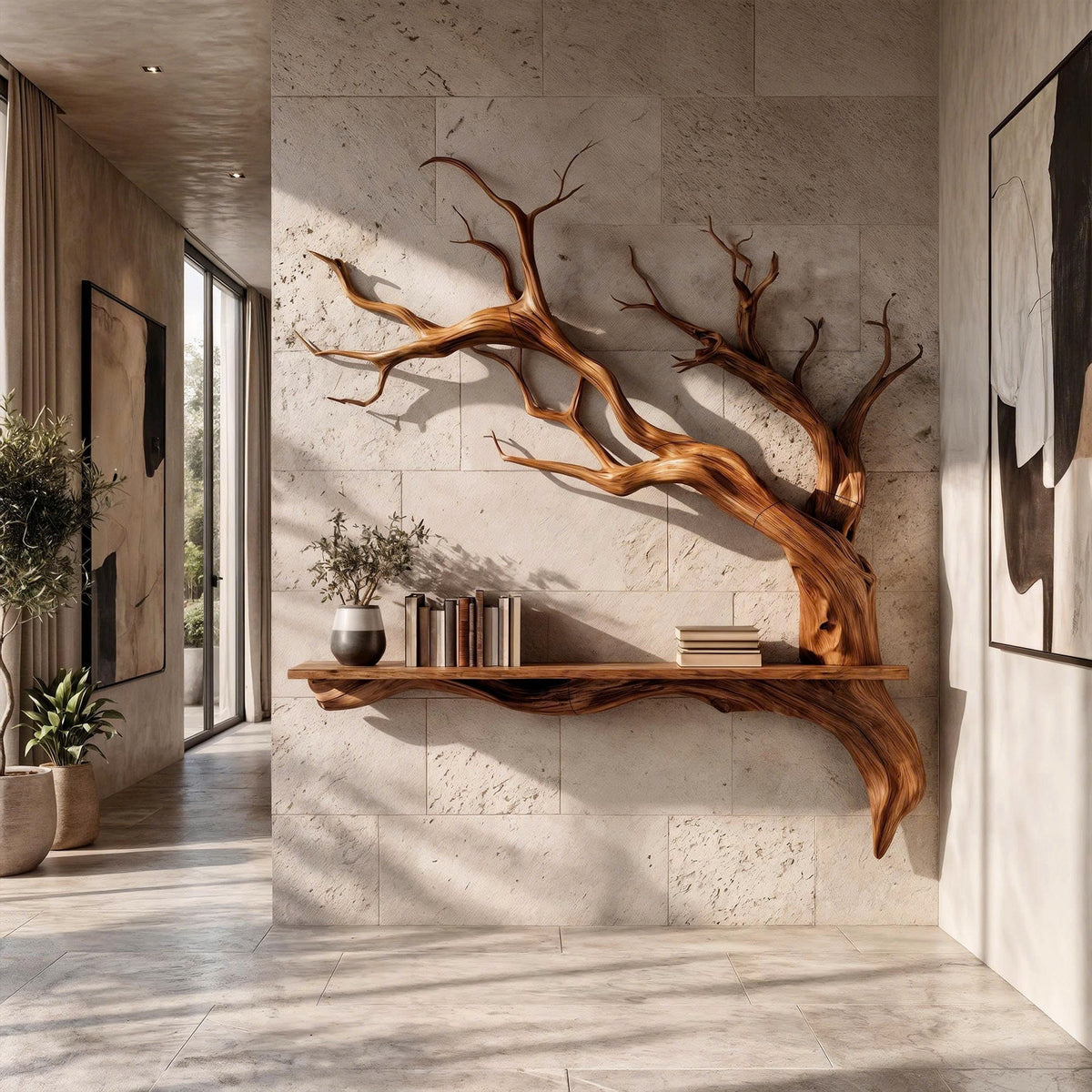 Tree Branch Wall Shelf, Rustic Solid Wood Floating Shelf with Branch
