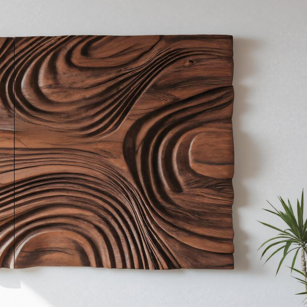 Abstract Sculptural Wood Wall Art With Carved Wave Patterns For Living Room Or Bedroom
