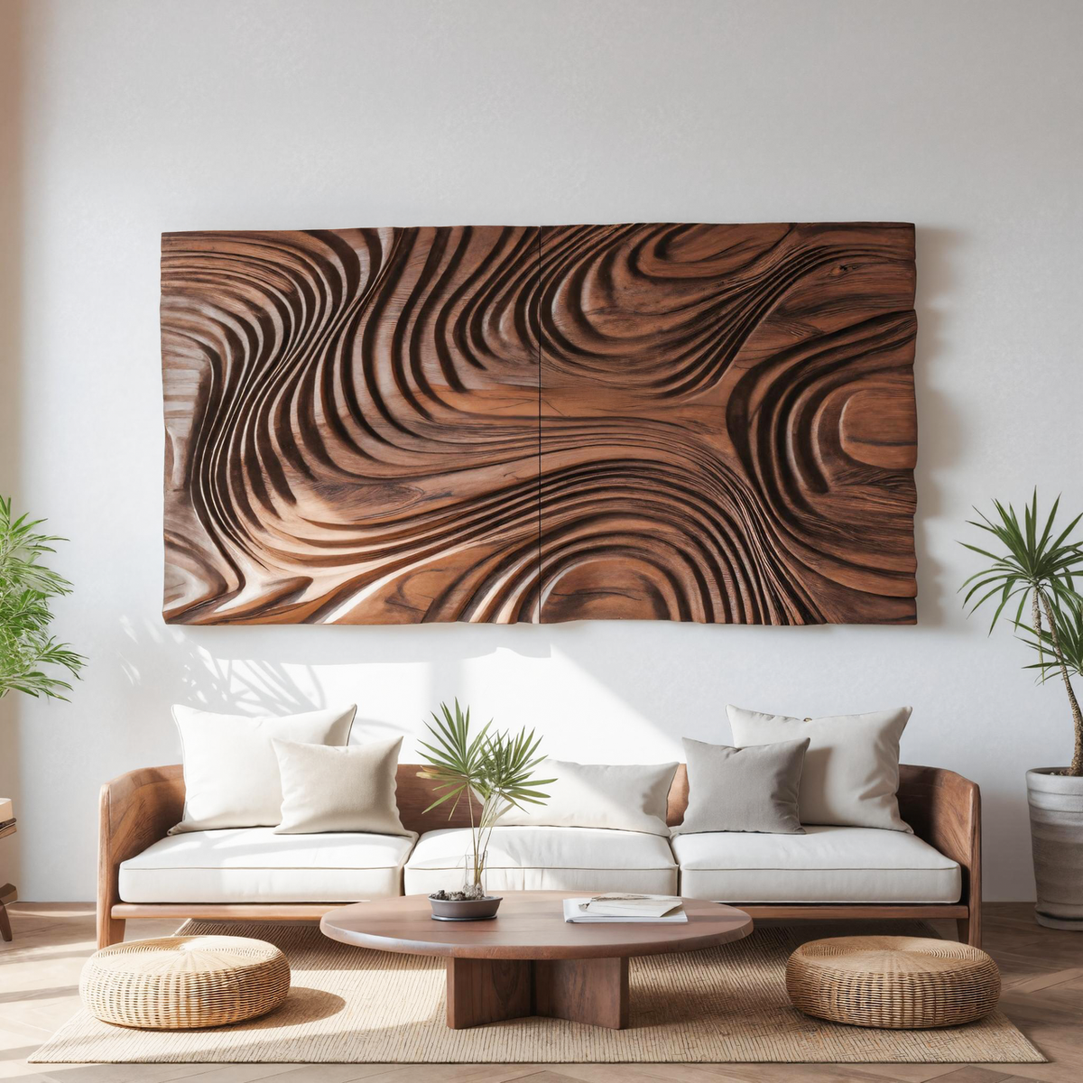Abstract Sculptural Wood Wall Art With Carved Wave Patterns For Living Room Or Bedroom
