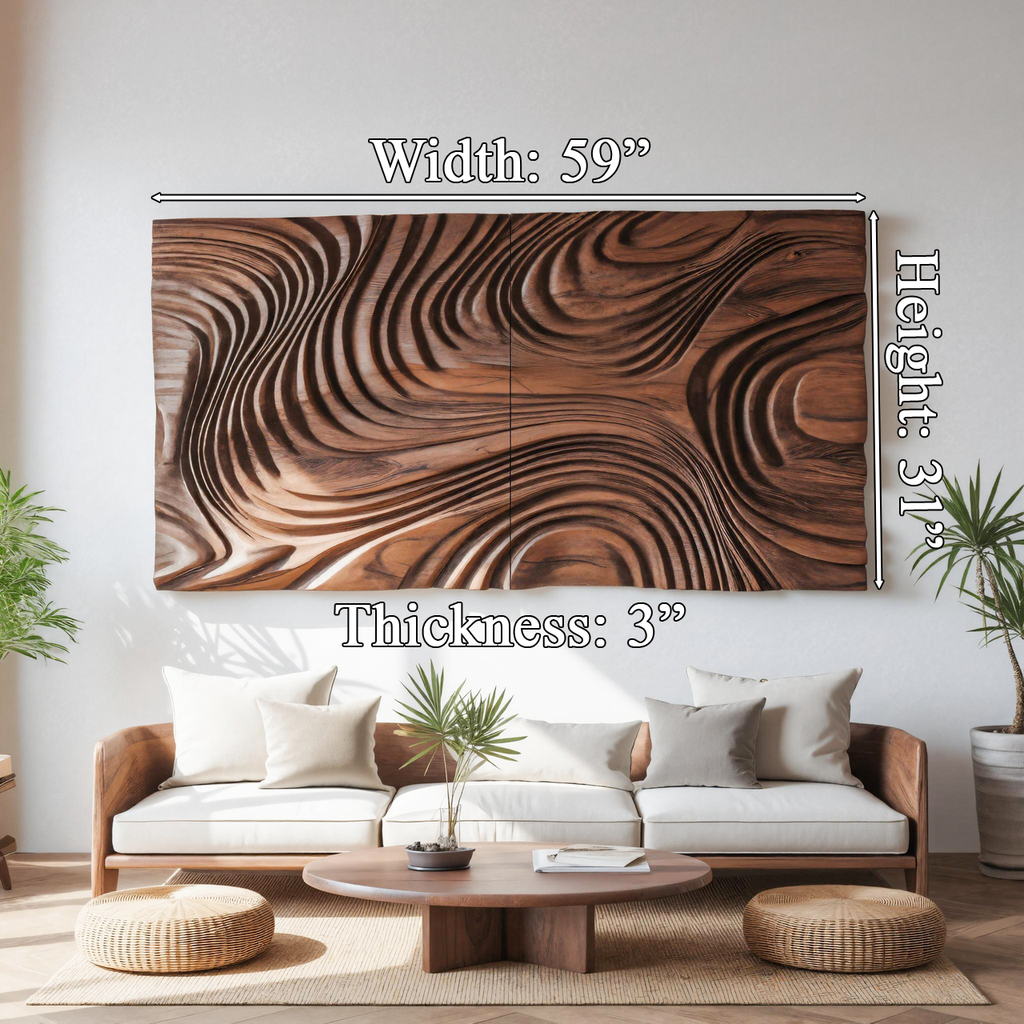 Abstract Sculptural Wood Wall Art With Carved Wave Patterns For Living Room Or Bedroom