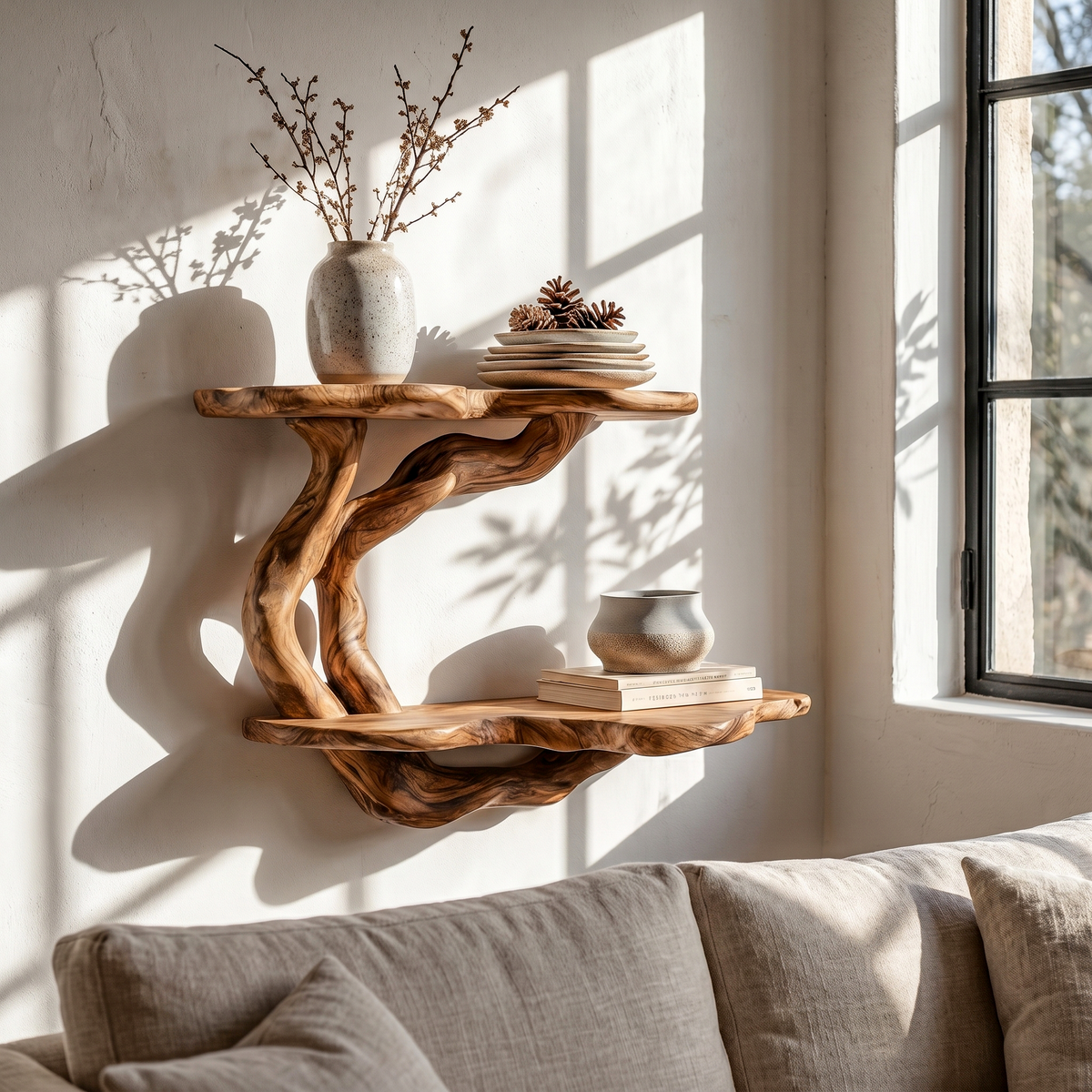 Tree Floating Shelf, Sculptural Wood Wall Shelf for Living Room