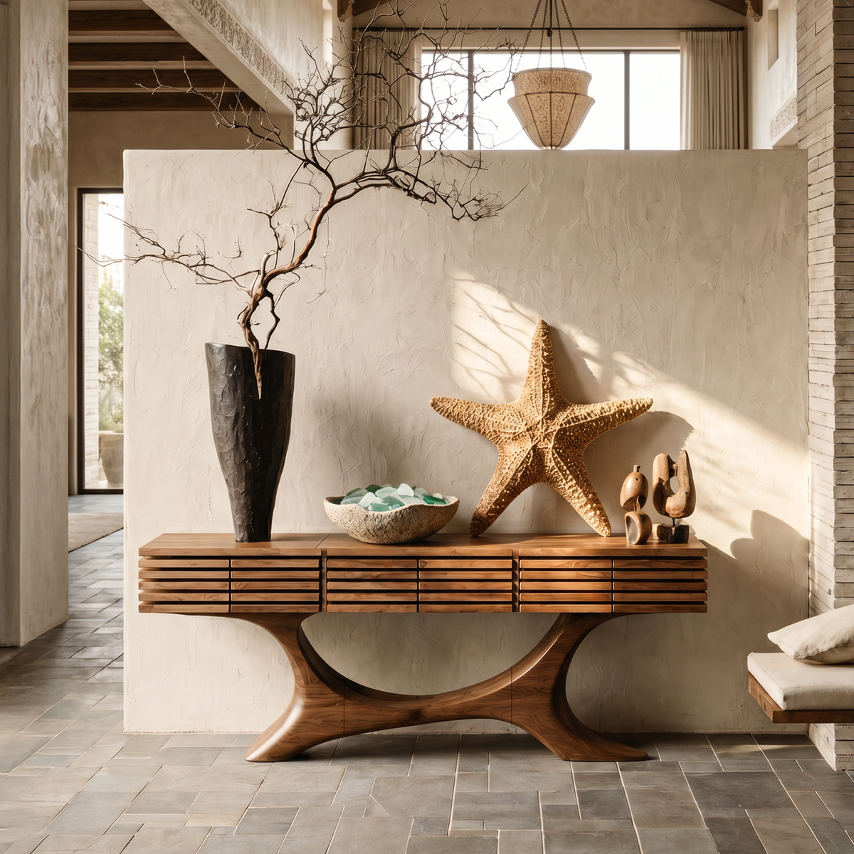 Contemporary Console Table With Curved Tree Trunk Base And Built In Storage Drawers For