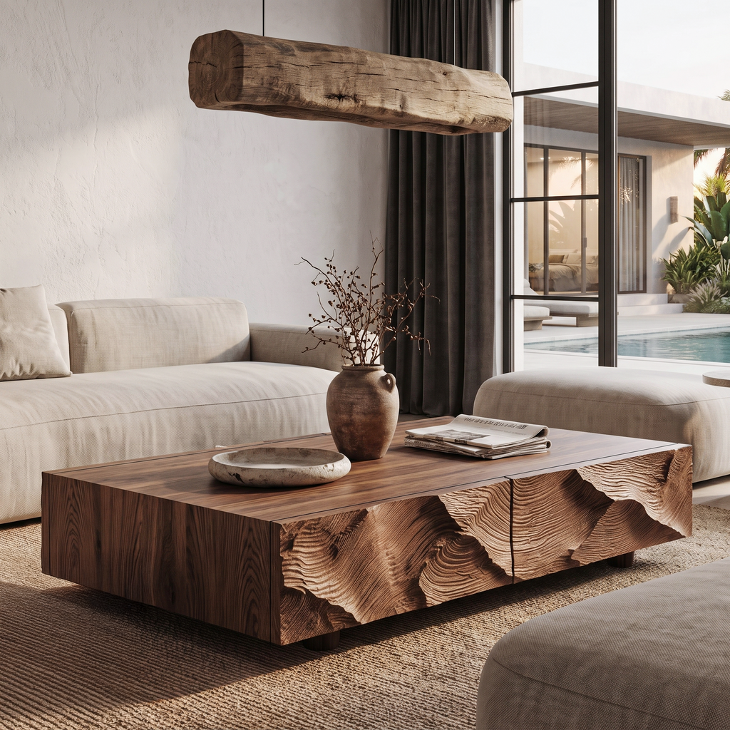 Contemporary Coffee Table With Sculptural Carved Drawer Front For Living Room
