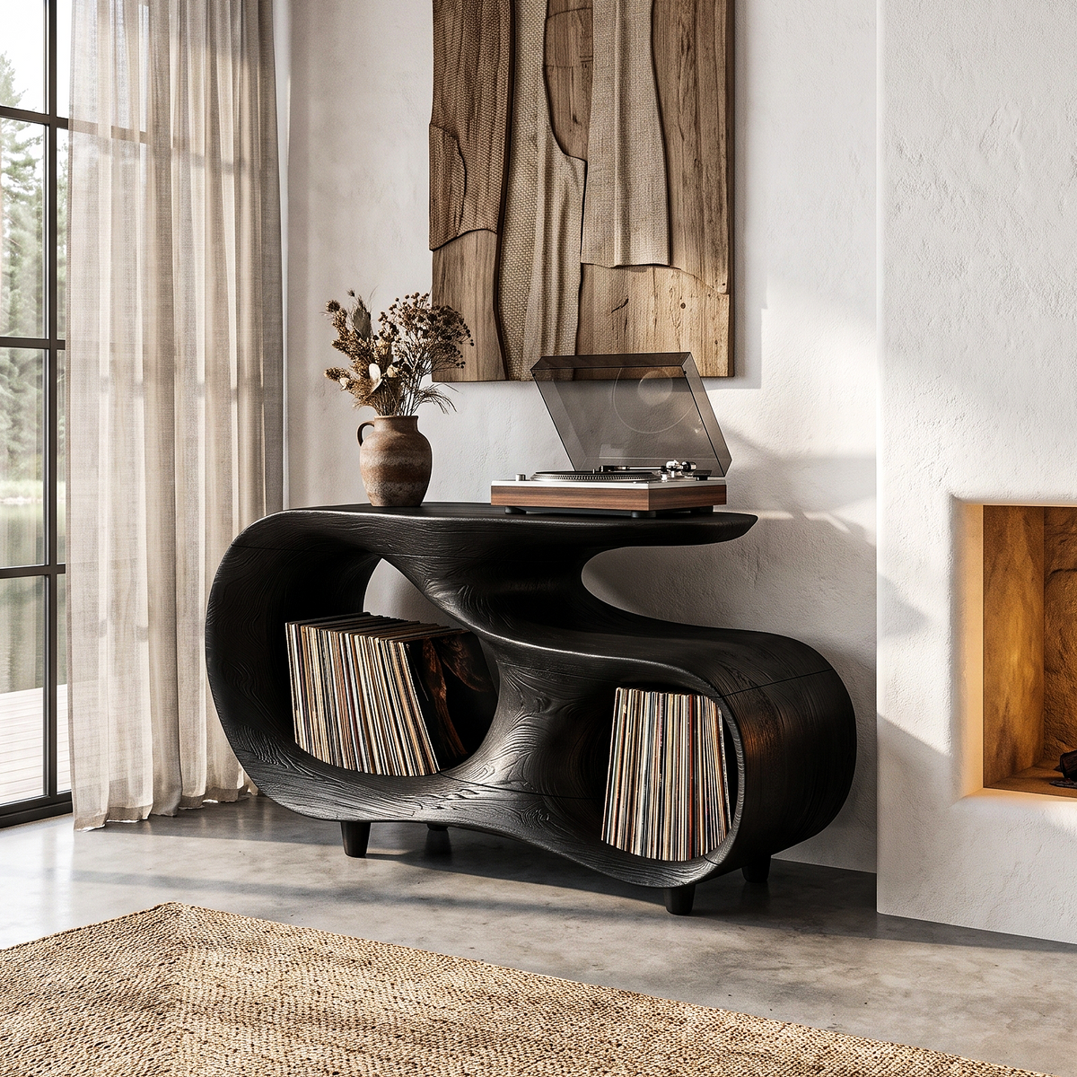 Contemporary Turntable Stand With Flowing Open Frame Design For Entryway