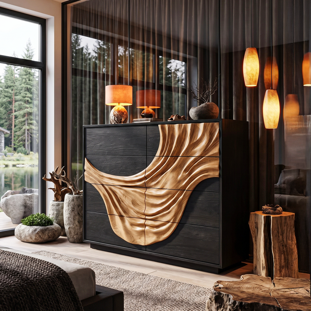 Contemporary Black Dresser With Strong Linear Detailing For Bedroom