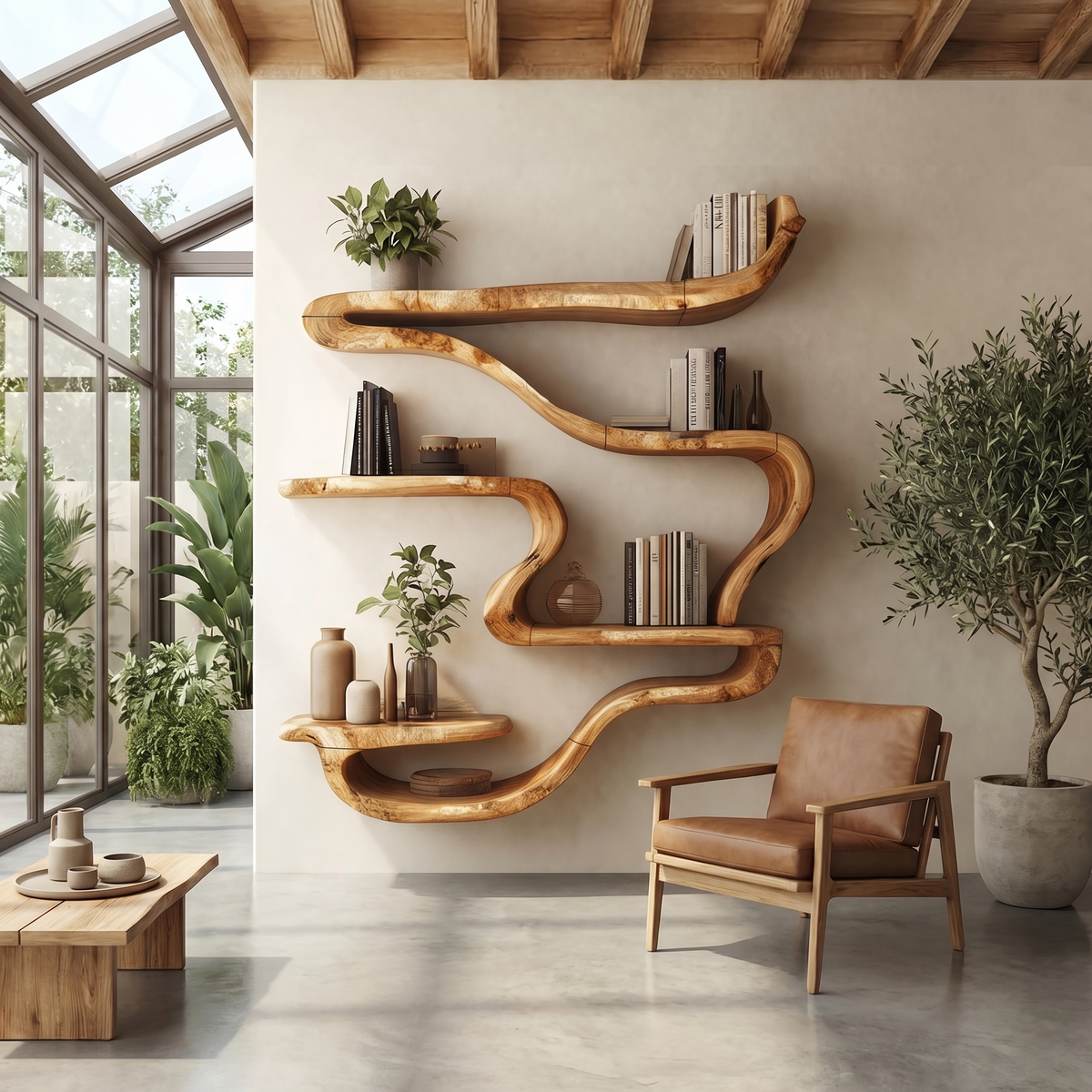 Wall Mounted Bookshelf, Organic Curved Wood Shelf for Reading Room