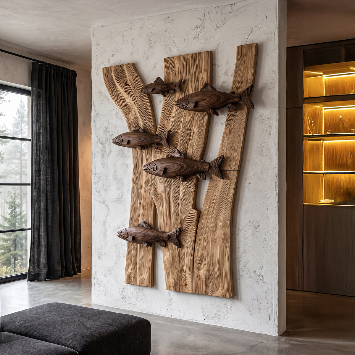 Contemporary Wooden Fish Wall Decor With Sculptural River Scene For Living Room And