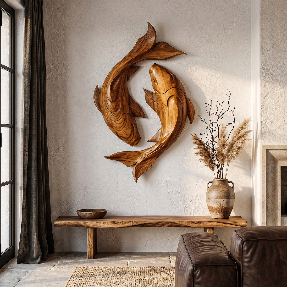 Contemporary Wood Wall Sculpture With Carved Koi Fish Design For Living Room And Office