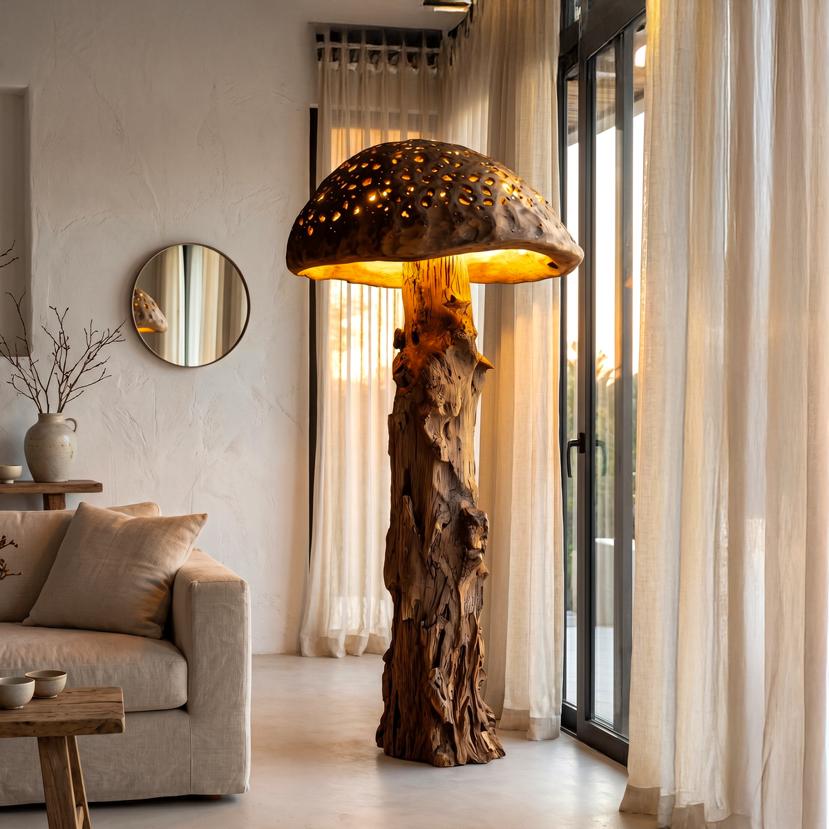 Mushroom Floor Lamp, Carved Tree Trunk Base with Wood Dome Shade