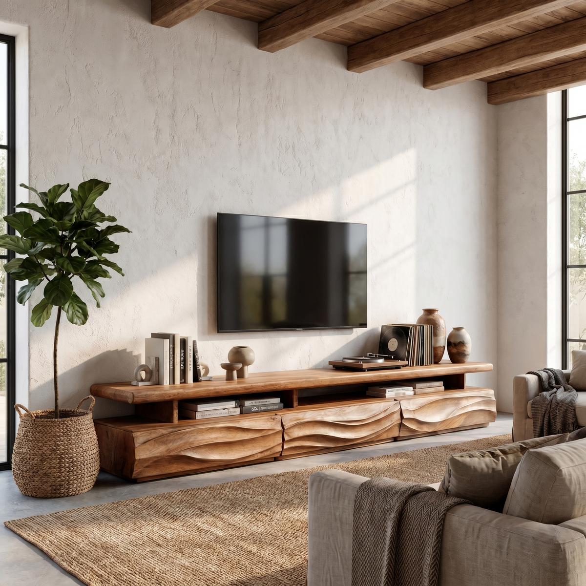 Rustic TV Stand with Wave Carved Drawers and Open Shelf, Solid Wood