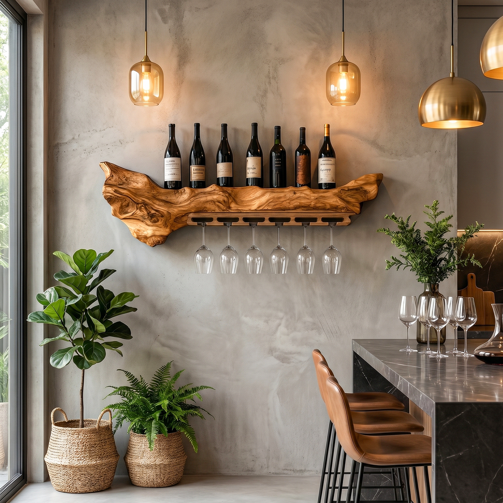 Live Edge Wine Rack, Wall Mounted Bottle and Stemware Holder